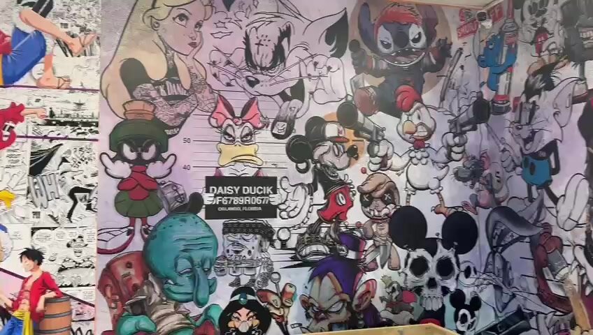 Custom character mural wall in the shop