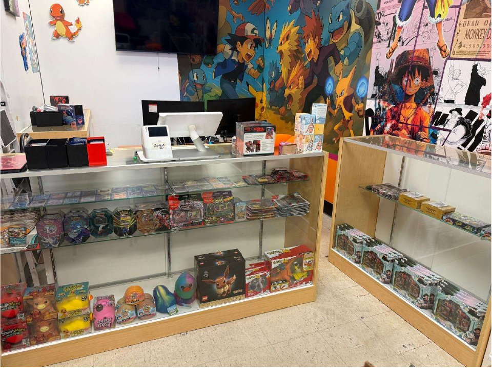 Glass display cases stocked with sealed Pokémon and One Piece TCG product at Unsealed & Delivered Co.